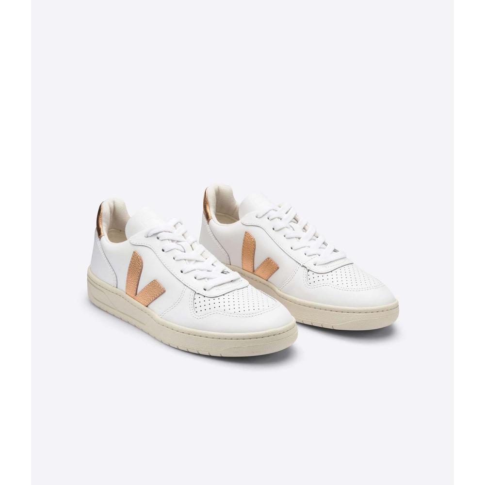 Veja V-10 LEATHER Women's Sneakers White/Gold | CA 641CTV